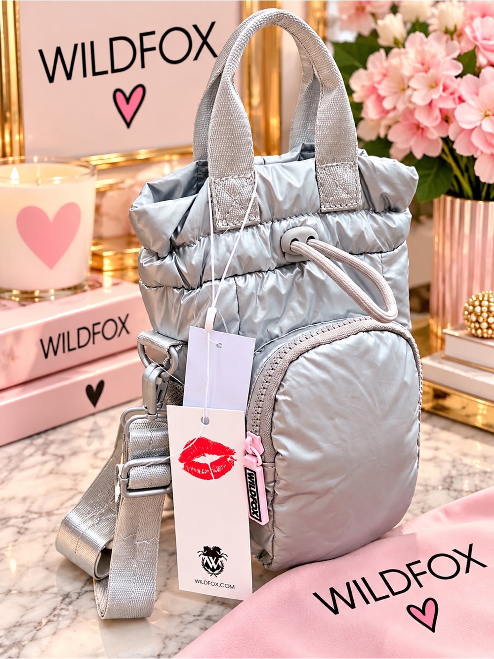 Wildfox Silver Quilted Puffer Crossbody Tote 🩶